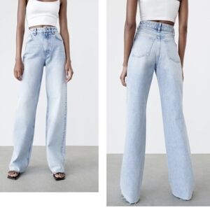 Zara High Waist High Rise Light Wash 100% Cotton Raw Hem Wide Leg Jeans Size 2